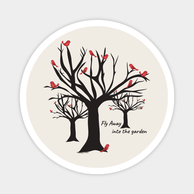 Fly Away—into the garden (Winter Cardinals) Magnet by Phebe Phillips